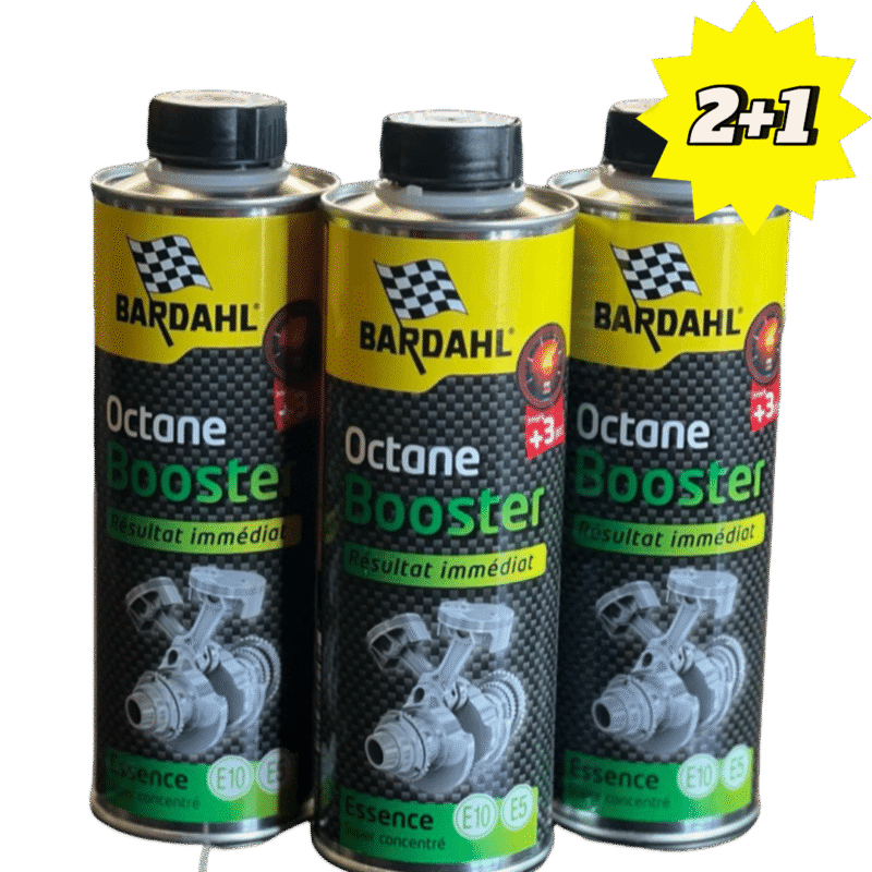 Pack promotionnel Bardahl Octane Booster 500 ml – Lot de 3 flacons (2 achetés + 1 offert). Augmente le taux d’octane, améliore la puissance moteur et protège les soupapes.